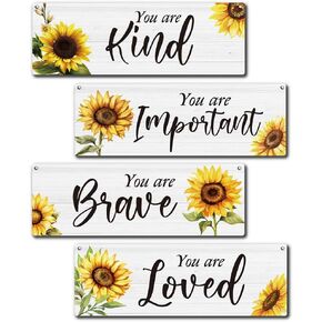 Zmyollo Inspirational Wall Decor Sign, 4 Pieces Sunflower Wooden Sign With Rope, You Are Kind Important Brave Loved Wall Art Decor For Home Bedroom Living Room, Artwork Gifts For Family Friend, B08