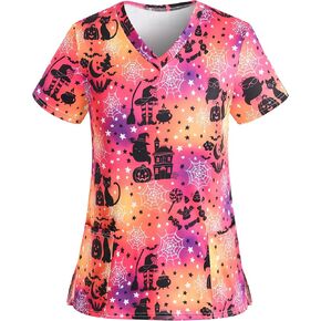 Halloween Scrub Tops Women Cute V-Neck Pumpkin Elf Printed Nurse Working Uniforms 2 Pockets Holiday Stretchy Tee Shirt in Kuwait
