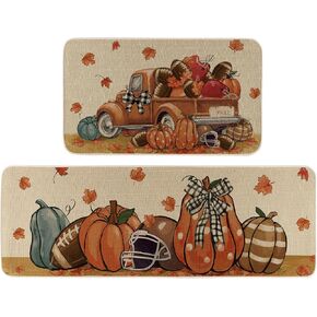 Fall Football Truck Pumpkin Maple Leaves Kitchen Rugs Set of 2, Autumn Harvest Thanksgiving Home Decor Low-Profile Kitchen Mats for Floor - 17x29 and 17x47 Inch