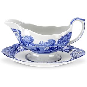 Spode Blue Italian Gravy Boat and Saucer | Spout for Gravy, Sauces, and Salad Dressings | Earthenware | 9-Ounce Capacity | Large Handle | Dishwasher Safe in Kuwait