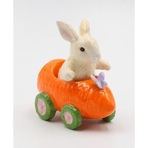 Fine Ceramic Bunny Rabbit on Carrot Cart Salt & Pepper Shakers, 4 1/4" L