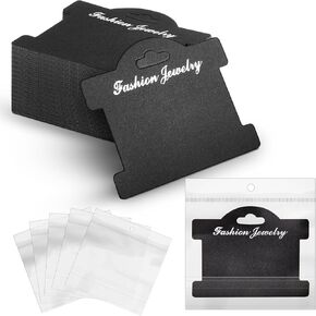 Fulmoon 100 Pcs Bracelet Display Cards 3.94 x 2.83 Inch Jewelry Display Hanging Cards Bracelet Packaging Necklace Cards for Earrings Showing Tags with 4.33 x 5.51 Inch Bags for Jewelry (Black)