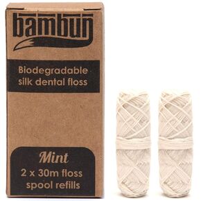Eco-friendly Biodegradable Natural Silk Dental Floss Refills: Two 30m Floss Spool Refills (Plastic Free Packaging)