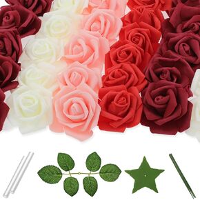 100 Pcs 3 Inch Artificial Flowers Bulk 5 in 1 Set Faux Foam Fake Rose Head Wedding Decoration Bridal Shower Centerpiece Arrangement Wall Table Decor DIY Craft (4 Shades of Pink White)