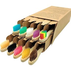 Bamboo Toothbrush with Soft Charcoal Bristles 10 Pack, Natural Wood Toothbrushes Round Handle with Colored Standing Bottom Recyclable, Eco-Friendly, Tooth brush Set Multipack (Multicolor - Kids)