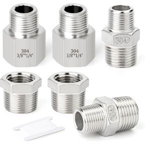 TAISHER 6PCS 304 Stainless Steel Hex Nipple，Hex bushing，Reducer Adapter 3/8" NPT × 1/4" NPT,Thread Pipe Fitting Kit
