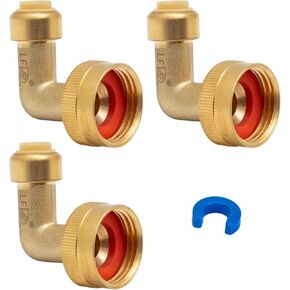 SUNGATOR Pushfit 90 Degree Dishwasher Elbow, 1/4 Inch PTC x 3/4 Inch Female Hose Thread, No Lead Brass Plumbing Fittings Push to Connect PEX, Copper, CPVC, PE-RT, With A Disconnect Clip, Pack of 3
