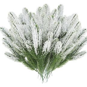 24PCS Artificial Pine Needles Branches Sprigs Frosted Faux Fir Pine Twig Stems Fake Greenery Pine Picks Sprays for DIY Garland Wreath Christmas Winter Holiday Season Wedding Home Decor (24)