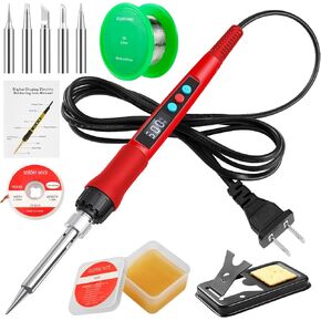 Soldering Iron Kit, 100W LED Digital Solder Iron Soldering Gun kit with Ceramic Heater, Adjustable Temperature Soldering Kit with Tips, Solder Wick Braid, Stand, Solder Wire, Sponge, Flux Paste, Red