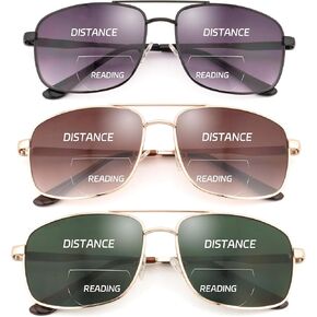 Bifocal Reading Sunglasses for Men Women Classic Aviator Bi-focal Sun Readers Rectangle Metal Frame Shades UV400 +2.50