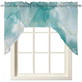 Marble Aqua Kitchen Curtains Swag Valance and Tier Curtains Set 24 Inch Length, Rod Pocket Drape Panels Pair Swag Curtains for Bathroom/Cafe/Window Gradient Gold Aesthetics Abstract Minimalist Art