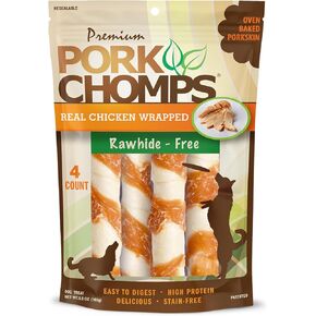 Pork Chomps Baked Pork Skin Dog Chews, 6-inch Twists, Real Chicken Wrap, 4 Count