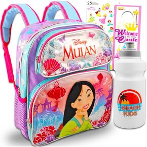 Mulan Mini Backpack Set - Bundle with 12" Mulan Backpack Plus Water Bottle, Stickers, More | Disney Mulan Backpack Toddler Girls