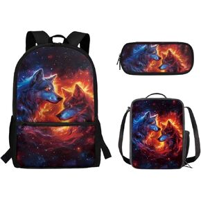 Fire Flame Wolf 3 PCS Backpack Set for Women Men Boys Girls, Large School Bag with Insulated Lunch Box Pencil Case Tote Bag Pen Organizer for Desk, Kids Bookbag for Travel Outdoor