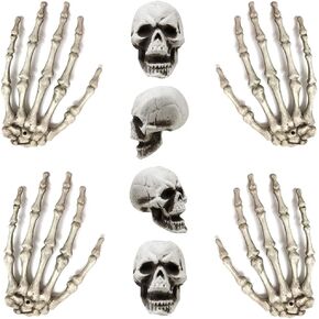 Wocst 4 PCS Halloween Skeleton Head Small Mini Skulls and 2 Pair Skeleton Hands for Halloween Themed Party Decoration Props