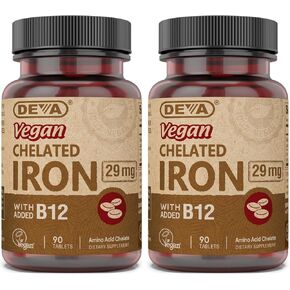 Deva Nutrition Vegan Chelated Iron 29 mg Fortified with B-12 - High Potency, Easy to Swallow - 90 Tablets, 2-Pack in Kuwait