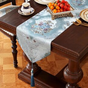 HeMiaor Exquisite Table Runner with Chenille and Elegant Chic Jacquard Textured Damask Design with Beaded Tassels for Daily Decoration 120 inches Long Beige