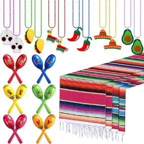 28 Pcs Mexican Fiesta Party Decorations Include 4 Pcs Mexican Table Runner 12 Pcs Mini Wooden Maracas 12 Pcs Fiesta Beaded Necklaces for Birthday Musical Party Favor in Saudi Arabia