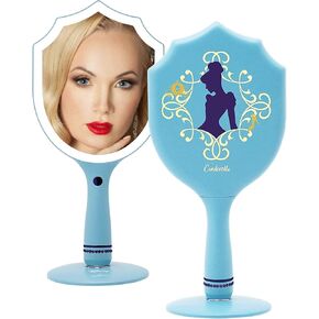 Impressions Vanity Handheld Lighted Makeup Mirror, Disney Princess Belle LED Hand Mirror with Standing Base, Makeup Vanity Mirrors with Shimmering Button and 3 Color Modes for Travel or Bedroom