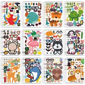48 Pcs Funny Animal Make a Face Stickers for Toddlers Kids,Make Your Own Mix and Match Sticker Sheets Art Craft Kits,Including 2000+Repositionable Little Stickers