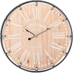 HPC Decor Wall Clock-23 Large Farmhouse Wall Clock,Rustic Antique Wood with Metal Circle and Large Engraved Numerals,Silent Battery Operated Wall Clock for Office,Kitchen,Bedroom