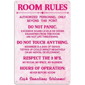 T&R Pink Room Rules Sign for Teen Girls, 12 x 8 inches .040 Aluminum, Room Decor for Girls Cave, Bedroom, Dorm, Wall, 4 Pre-drilled Holes