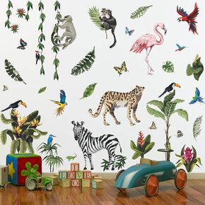 RW-4963 Creative Jungle Animals Wall Decals Wild Safari Animals Wall Stickers DIY Removable Green Tree Monkey Leopard Zebra Birds Butterfly Animals Plants Decor for Kids Bedroom Living Room Nursery