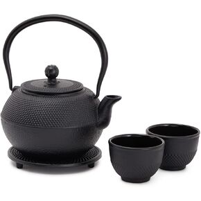 Juvale Cast Iron Teapot, Japanese Tetsubin Kettle Set with 2 Cups, Tea Infuser (1200 ml, Black)