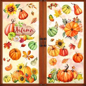Whaline 6 Sheets Fall Pumpkin Window Clings Colorful Autumn Pumpkins Leaves Flower Window Decals Watercolor Window Stickers for Thanksgiving Autumn Harvest Home School Accessories Party Supplies