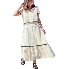 chouyatou Women's Crochet Knit 2 Piece Outfits Eyelet V-Neck Collared Pullover Shirt A-Line Skirt Sets Loungewear