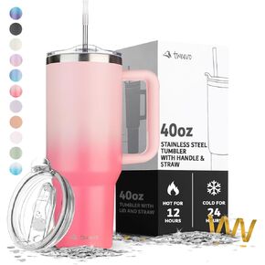 40 oz Tumbler With Handle and Straw Made of Stainless Steel - Double Wall Vacuum Insulated Tumbler With Lid - Sweat Proof Easy Grip, BPA-Free, Dishwasher Safe Tumbler (Misty Pink)