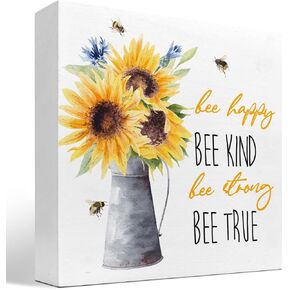 Summer Desk Decor,Be Kind Be Happy Sunflowers Inspirational Wood Box Sign Decor Desk Sign,Rustic Sunflower Wooden Box Block Sign for Farmhouse Home Kitchen Farm Garden Shelf Table Decor Decorations