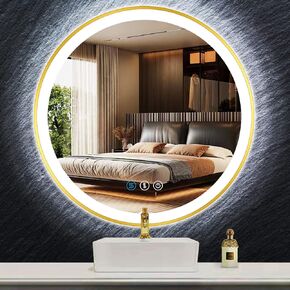 THEKLA 24 inch Gold Bathroom Round LED Mirror with Gold Frame Round Lighted Mirror for Bathroom Wall Round Vanity Mirror with Lights 3 Color Dimmable AntiFog 24 Smart Gold Round Circle Light up Mirror
