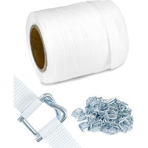 QWORK 3/4" x 250' Woven Cord Strapping Roll with 50 Pcs 3/4" Metal Buckles, Heavy Duty Polyethylene Braided Rope Strap Roll, 2400 lb Strong Break Strength 6" x 3" Core, White