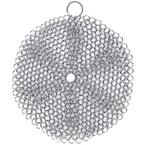 Cast Iron Scrubber, 7 Inches Diameter, Round 316 Premium Stainless Steel, Lightweight, Flexible Chainmail Scrubber, Cleans Cookware with No Scratches or Residue