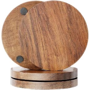 Acacia Wood Coasters for Drinks Coffee Table Set of 4, Dark BrownWooden Drink Coasters for Tabletop Protection Dining Table Desk Round with Non-Slip Pad Cup Coasters for Home Christmas Decor 4 Inch
