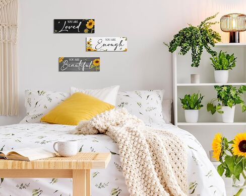 3 Pieces Sunflower Wooden Hanging Wall Art Positive Quotes You Are Enough Inspirational Word Sign Decors For Teen Girls Women Room (Sunflower 4.7 x 13.7 inch) in Saudi Arabia