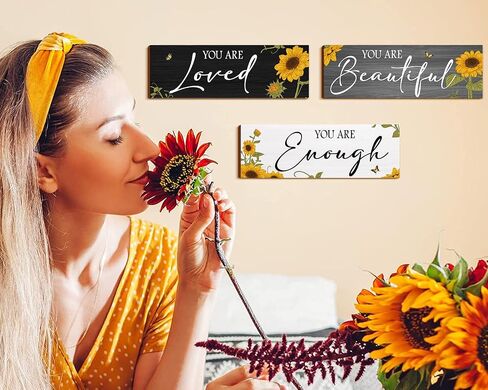 3 Pieces Sunflower Wooden Hanging Wall Art Positive Quotes You Are Enough Inspirational Word Sign Decors For Teen Girls Women Room (Sunflower 4.7 x 13.7 inch) in Saudi Arabia