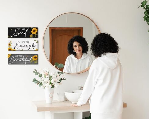 3 Pieces Sunflower Wooden Hanging Wall Art Positive Quotes You Are Enough Inspirational Word Sign Decors For Teen Girls Women Room (Sunflower 4.7 x 13.7 inch) in Saudi Arabia