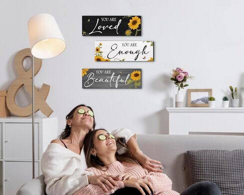 3 Pieces Sunflower Wooden Hanging Wall Art Positive Quotes You Are Enough Inspirational Word Sign Decors For Teen Girls Women Room (Sunflower 4.7 x 13.7 inch) in Saudi Arabia
