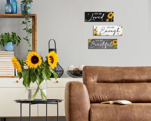 3 Pieces Sunflower Wooden Hanging Wall Art Positive Quotes You Are Enough Inspirational Word Sign Decors For Teen Girls Women Room (Sunflower 4.7 x 13.7 inch) in Saudi Arabia