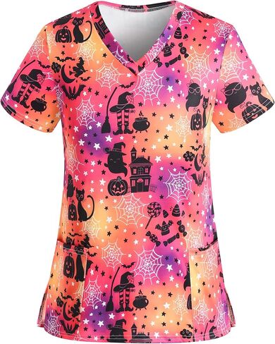 Halloween Scrub Tops Women Cute V-Neck Pumpkin Elf Printed Nurse Working Uniforms 2 Pockets Holiday Stretchy Tee Shirt in Kuwait