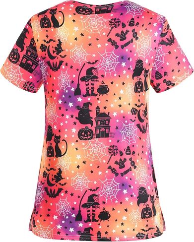 Halloween Scrub Tops Women Cute V-Neck Pumpkin Elf Printed Nurse Working Uniforms 2 Pockets Holiday Stretchy Tee Shirt in Kuwait