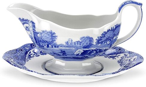 Spode Blue Italian Gravy Boat and Saucer | Spout for Gravy, Sauces, and Salad Dressings | Earthenware | 9-Ounce Capacity | Large Handle | Dishwasher Safe in Kuwait