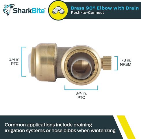 مرفق SharkBite Max 3/4 بوصة 90 درجة مع فتحة تصريف، ادفع لتوصيل تركيبات السباكة النحاسية، أنابيب PEX، النحاس، CPVC، PE-RT، HDPE، UR5256A in Saudi Arabia