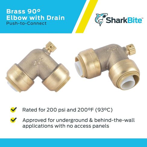 مرفق SharkBite Max 3/4 بوصة 90 درجة مع فتحة تصريف، ادفع لتوصيل تركيبات السباكة النحاسية، أنابيب PEX، النحاس، CPVC، PE-RT، HDPE، UR5256A in Saudi Arabia