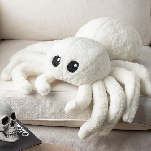 Phantoscope Happy Halloween Spider Shaped Throw Pillow, Faux Fur Fluffy Tarantula Shaped Halloween Cushion Pillow, White, 9 x 16 inch in Saudi Arabia