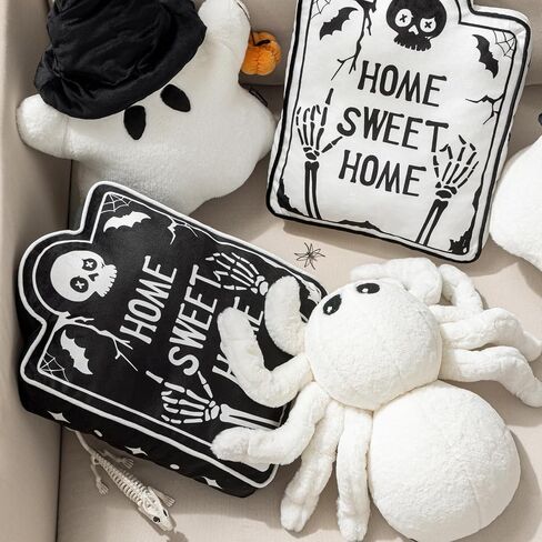 Phantoscope Happy Halloween Spider Shaped Throw Pillow, Faux Fur Fluffy Tarantula Shaped Halloween Cushion Pillow, White, 9 x 16 inch in Saudi Arabia