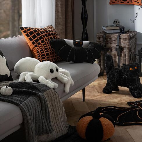 Phantoscope Happy Halloween Spider Shaped Throw Pillow, Faux Fur Fluffy Tarantula Shaped Halloween Cushion Pillow, White, 9 x 16 inch in Saudi Arabia