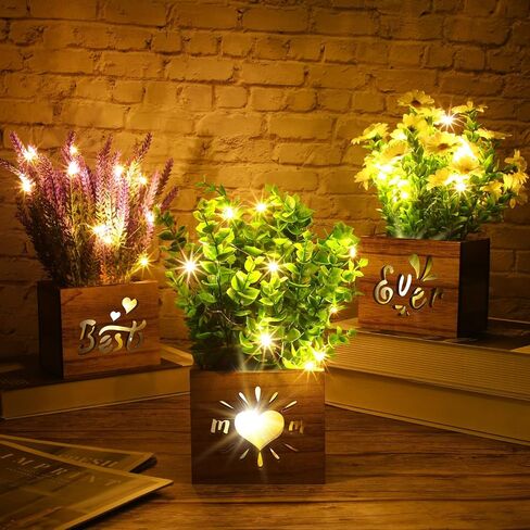 XunYee 3 Packs Artificial Eucalyptus Potted Plant with LED Lights Fake Eucalyptus Lavender Rosemary Plants Indoor Decorations with Wooden Pots Best Mom Ever Gifts for Mom Home Office Farmhouse Decor in Saudi Arabia